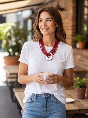 Bold Red Beaded Statement Necklace with Silver Donut Pendant